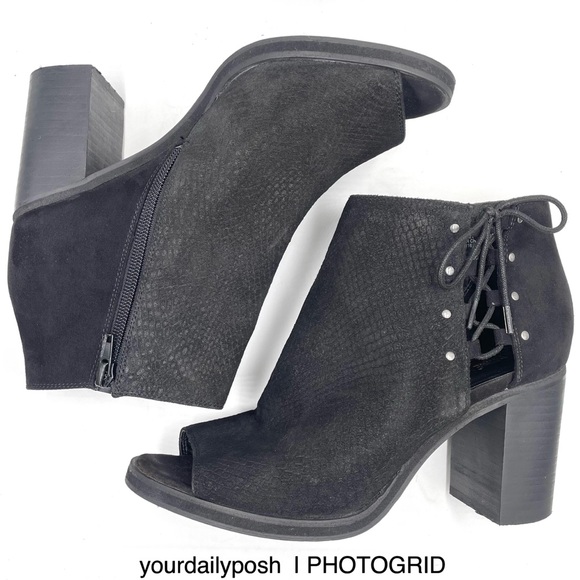 Nine West black suede peep toe lace-up cutout block heel ankle boots US 9 - Picture 2 of 13
